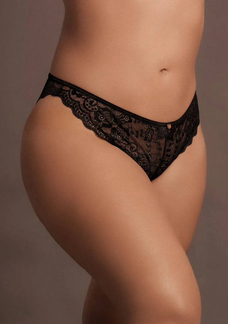 Chiloți negri Le Désir Golden Details din dantelă florală, vedere din față pe model