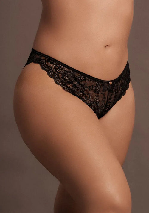 Chiloți negri Le Désir Golden Details din dantelă florală, vedere din față pe model