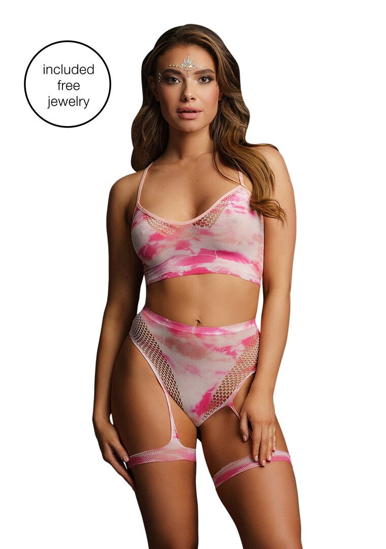 Set lenjerie Le Désir Bliss roz și alb tie-dye, cu top și benzi pentru coapse, vedere din față