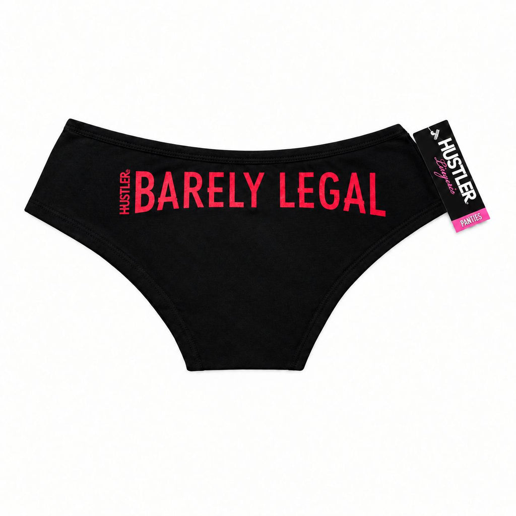 Chiloți negri Hustler cu imprimeu roșu „Barely Legal”, fotografia produsului pe fundal alb