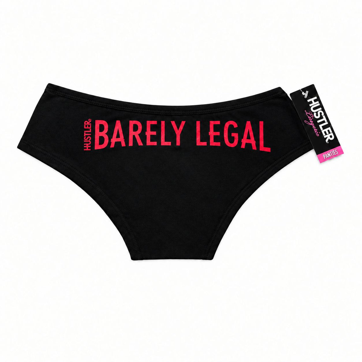 Chiloți negri Hustler cu imprimeu roșu „Barely Legal”, fotografia produsului pe fundal alb