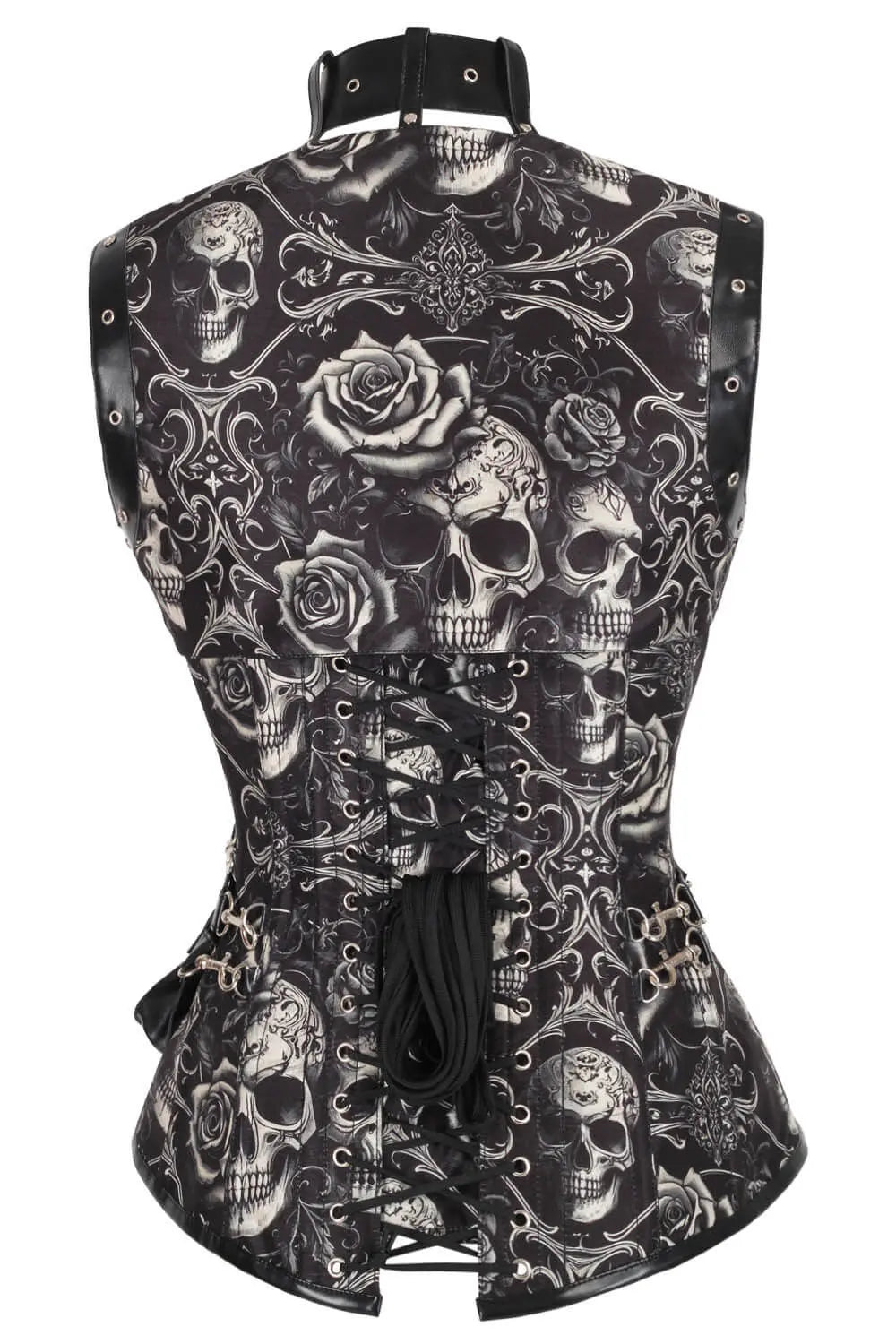 Corset gotic femei Kionah Skull Baroque - spate complet, design dark fashion cu skull si roses 