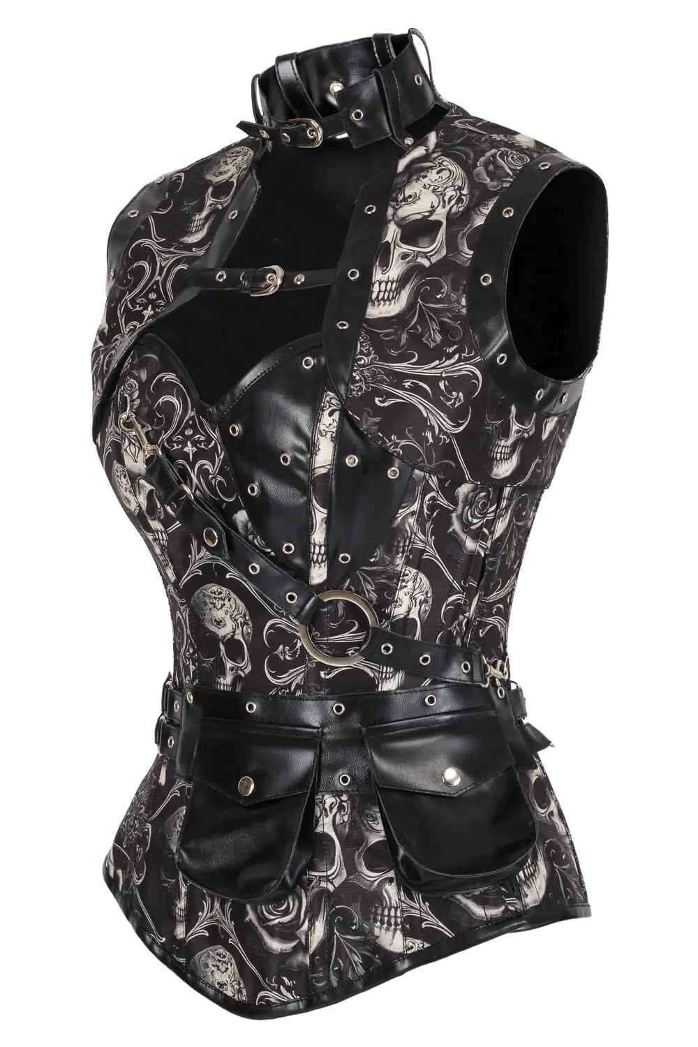 Corset dama gotic Kionah Skull Baroque - vedere spate, siret reglabil si imprimeu skull cu trandafiri