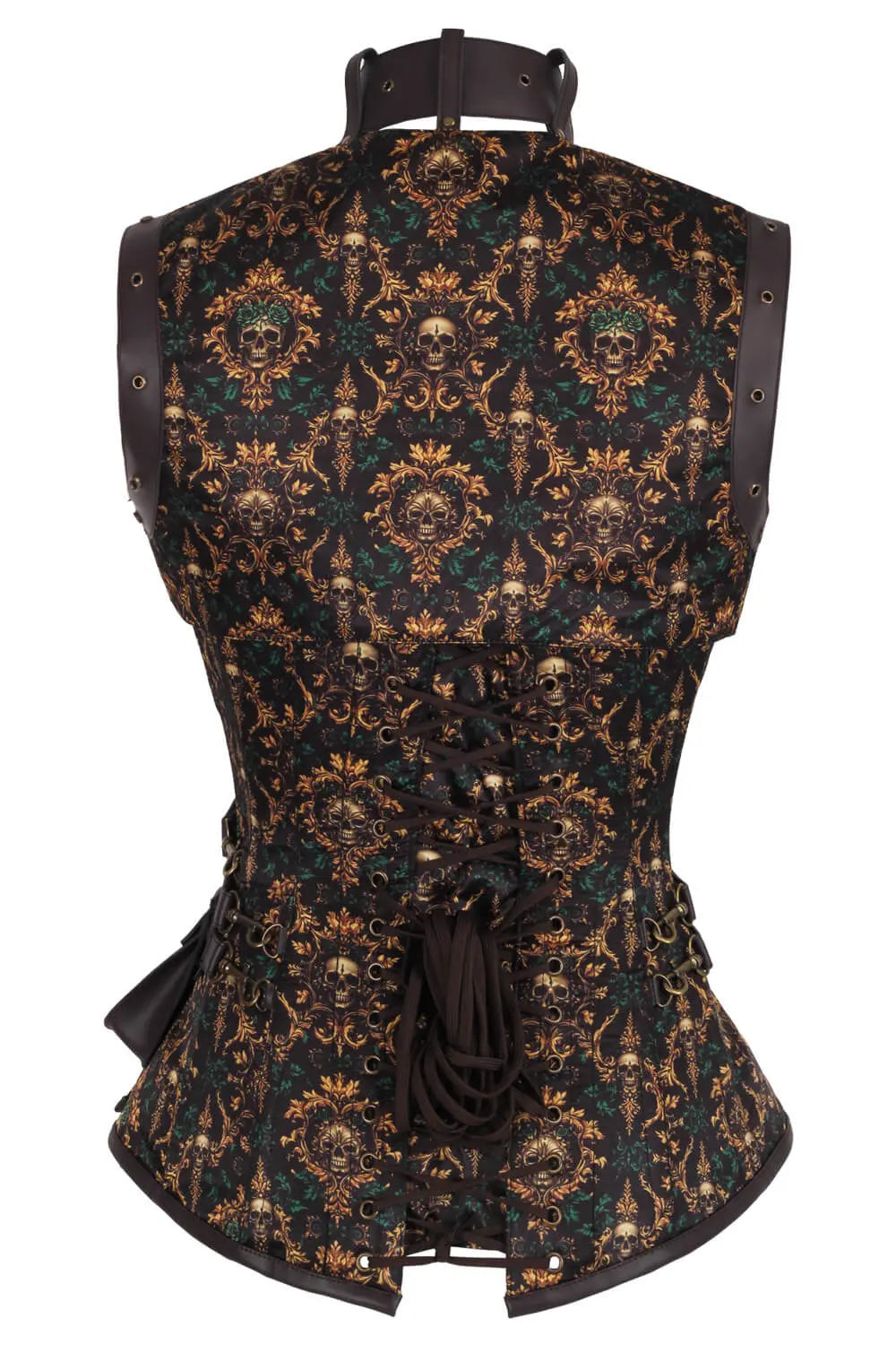 Corset dama gotic Jennisa Skull Baroque - vedere spate, siret reglabil si imprimeu baroc auriu cu cranii 
