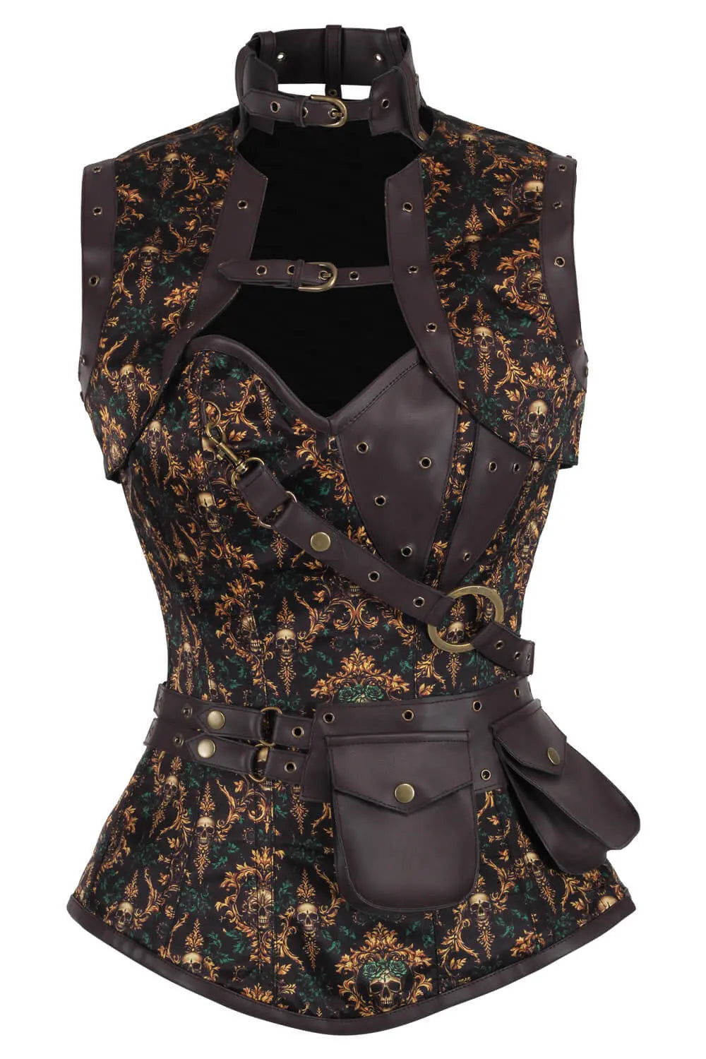 Corset dama gotic Jennisa overbust - vedere laterala, harness din piele maro si buzunare decorative