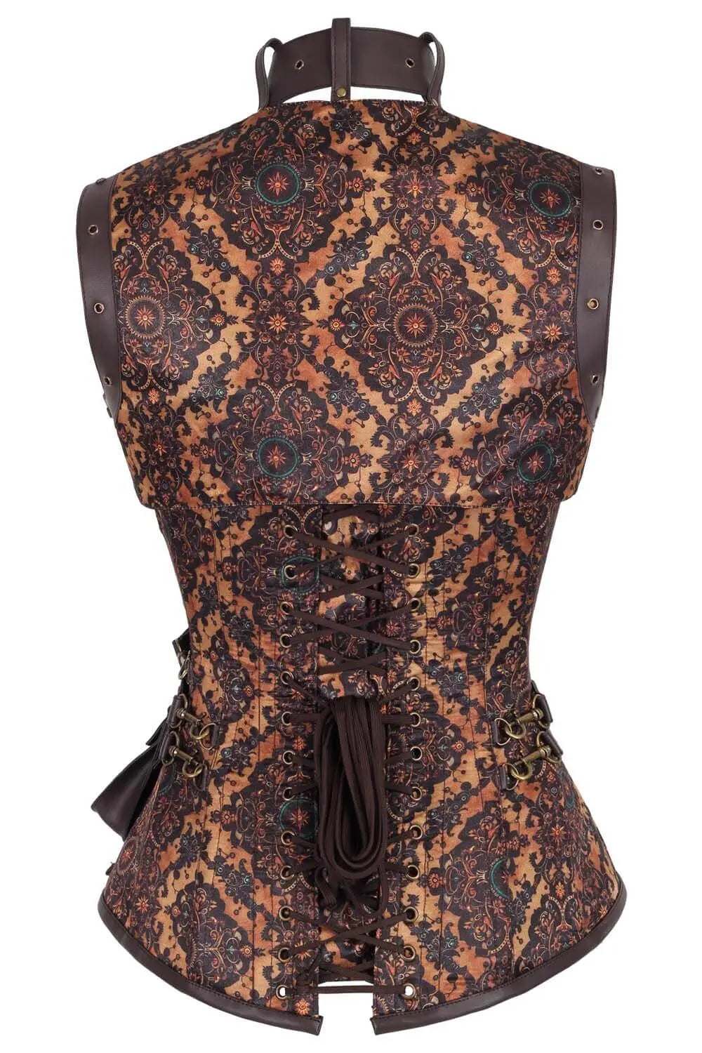 Corset gotic dama Earlene Steampunk - vedere spate, siret reglabil si imprimeu brocart maro vintage