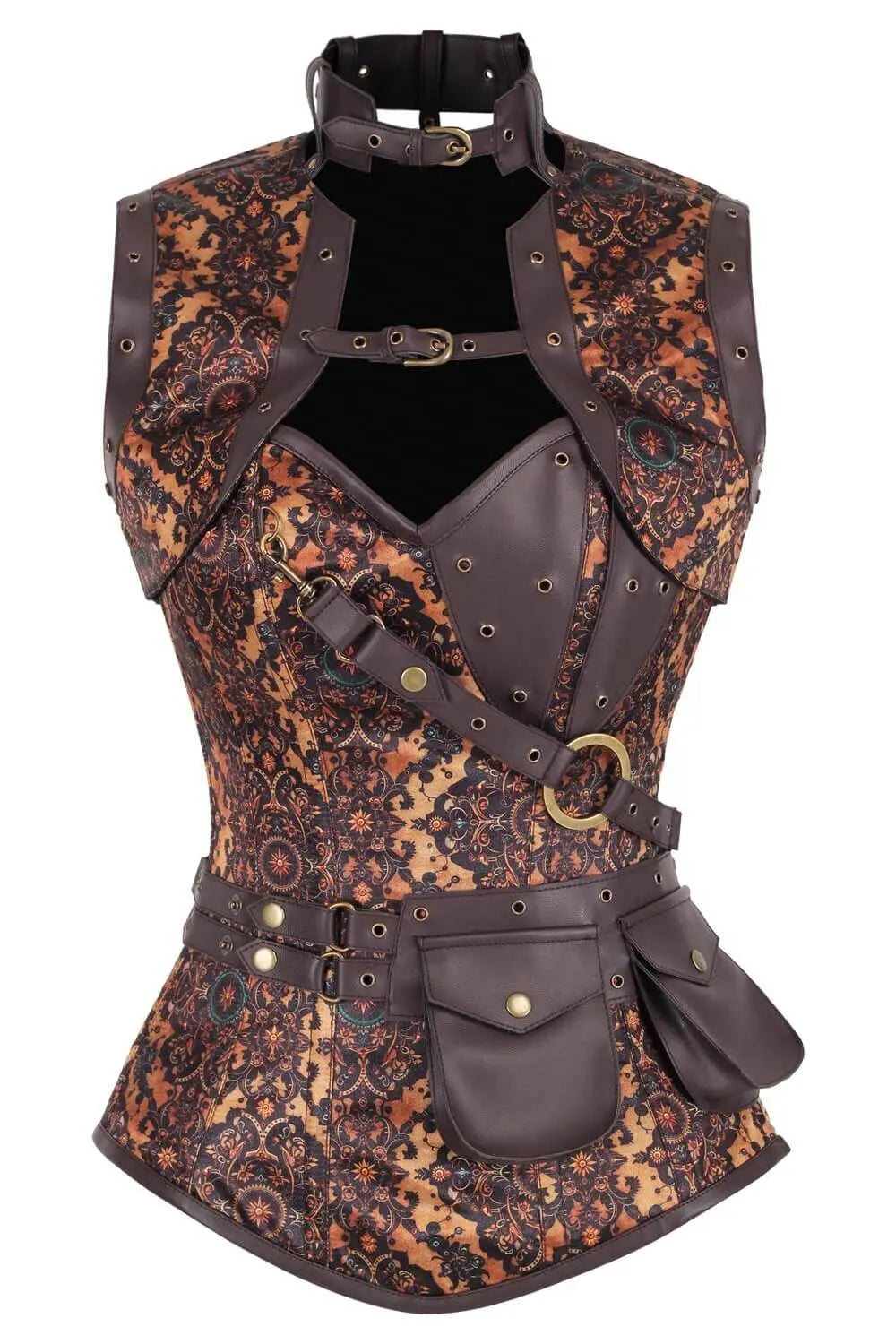 Corset gotic dama Earlene Steampunk overbust - vedere fata pe manechin, imprimeu brocart vintage maro cu buzunare din piele