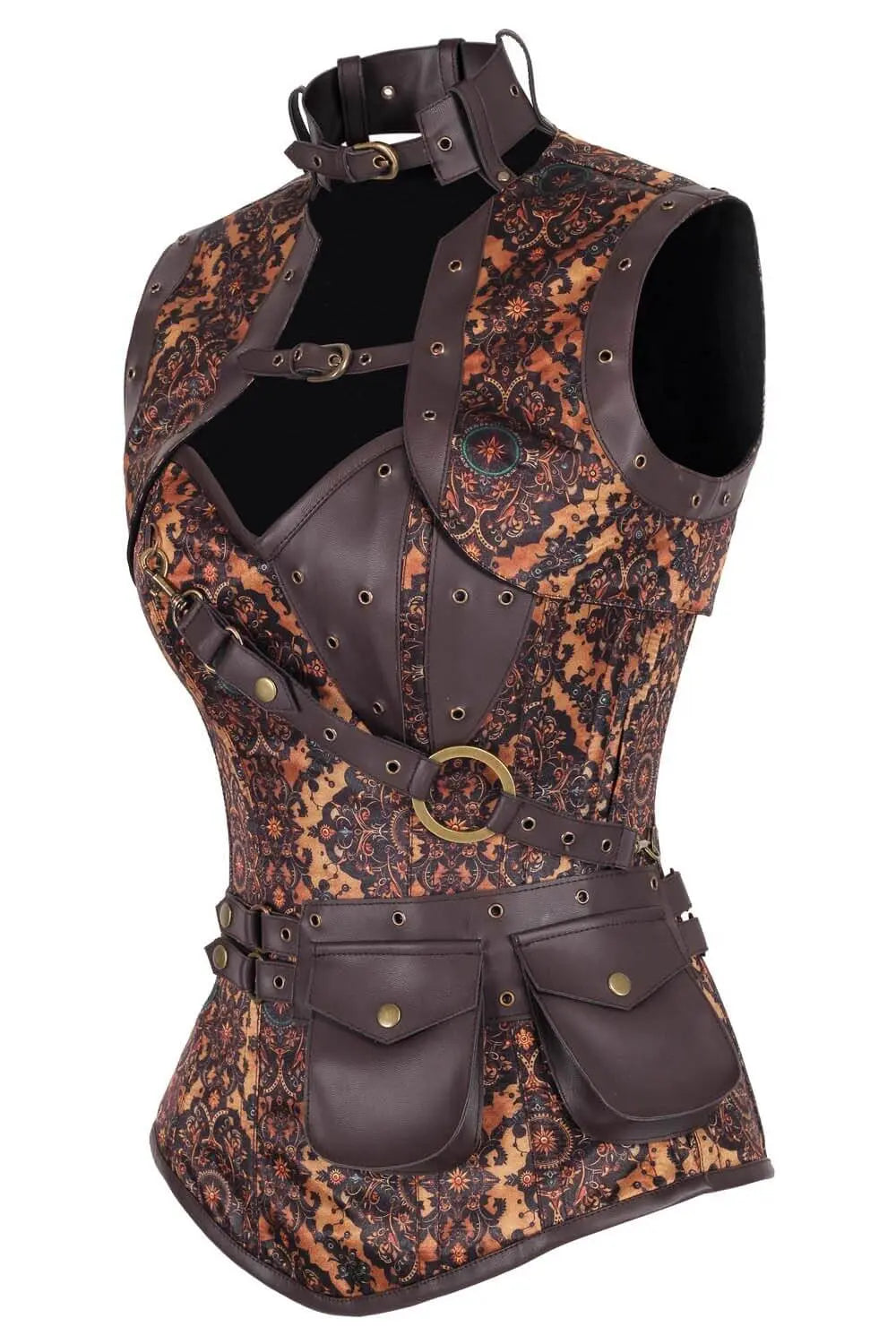 Corset gotic dama Earlene Steampunk - vedere laterala, structura cu balene si accesorii metalice bronz