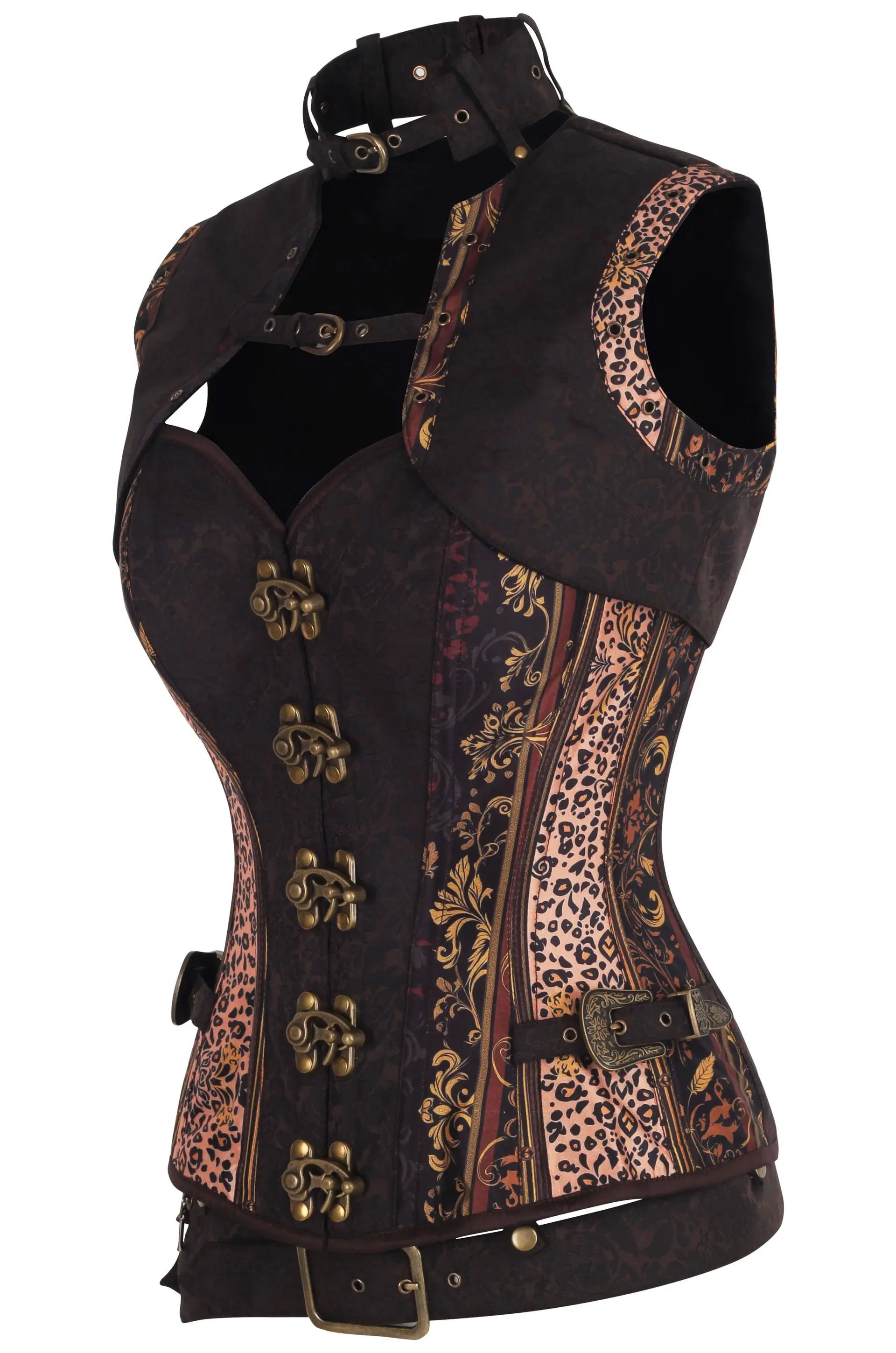 Corset steampunk Sharita vedere laterală pe model, siluetă clepsidră evidențiată, panouri leopard baroc și catarame bronz laterale 