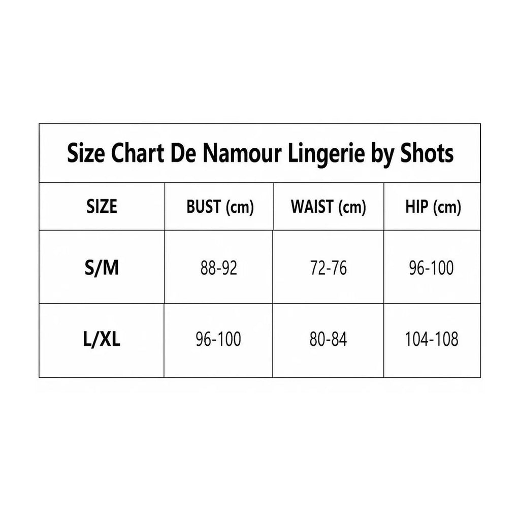 Tabel de mărimi lenjerie De Namour by Shots: bust, talie și șolduri pentru S/M și L/XL