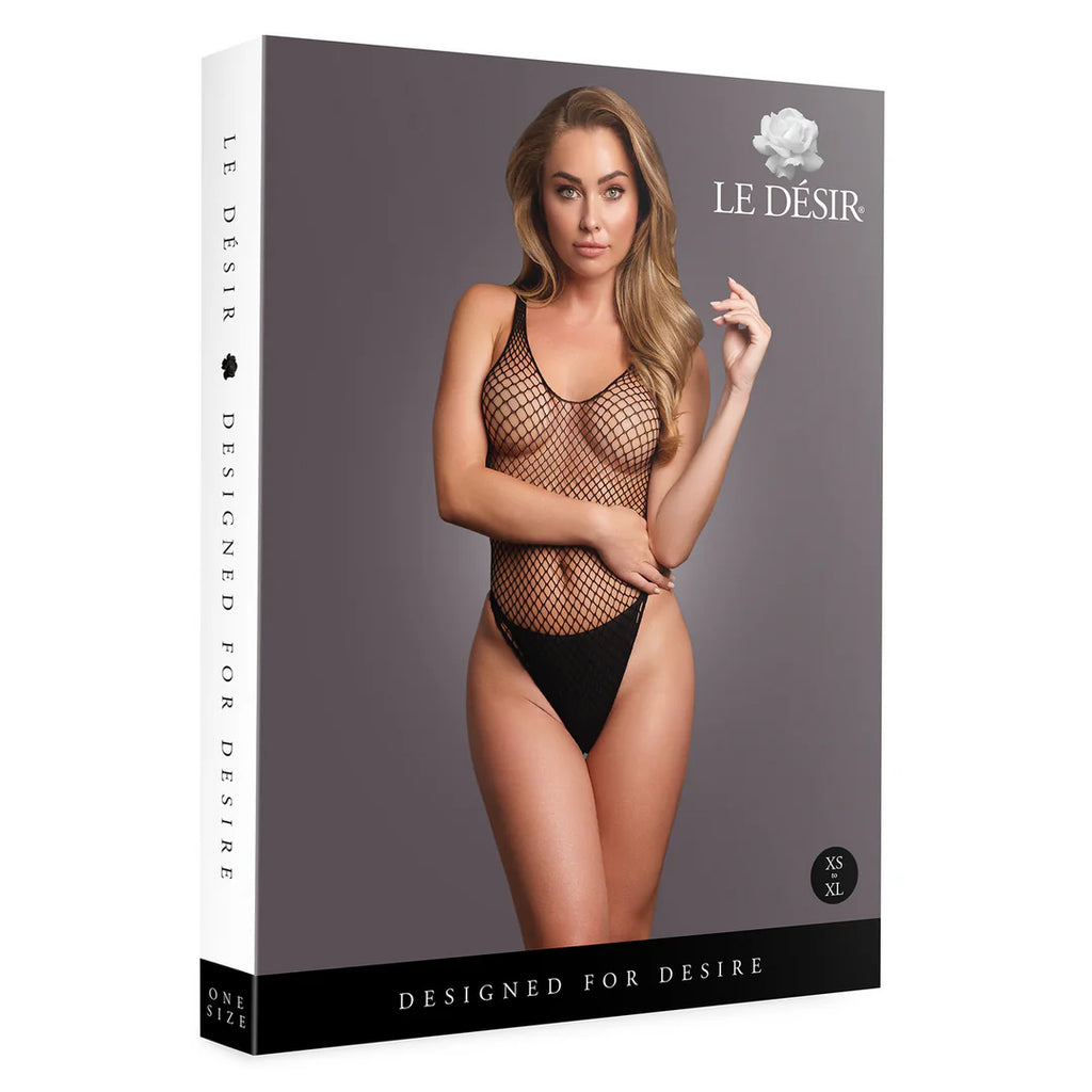 Body sexy damă din plasă neagră cu decolteu rotund – vedere față – Sosete Festival