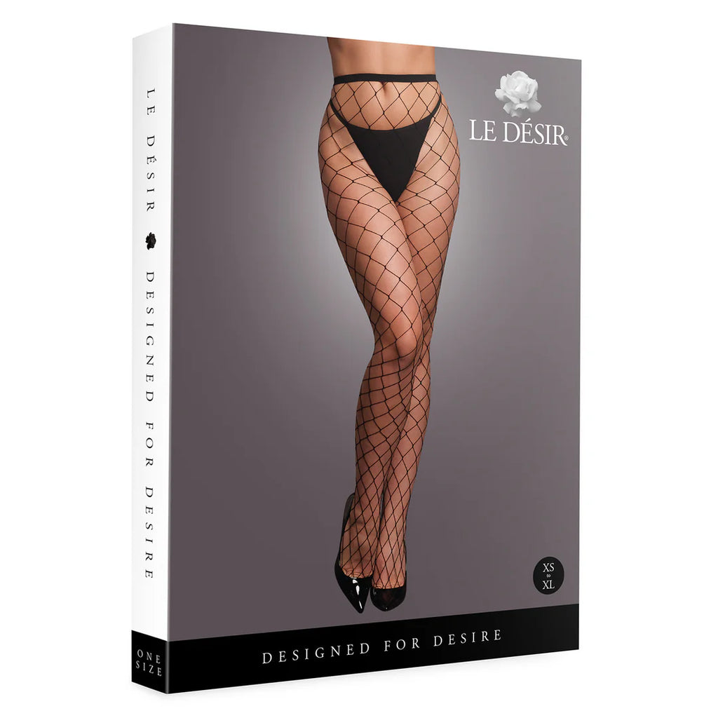 Fața ambalajului Le Désir DES071BLKOS, cu ciorapi negri fishnet cu plasă mare