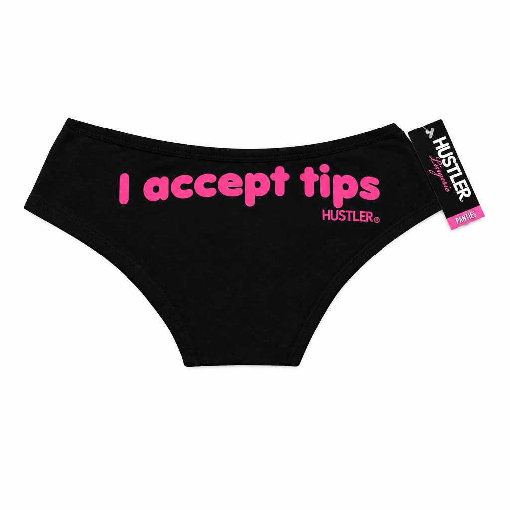Chiloți negri Hustler cu mesajul roz „I accept tips”, fotografia produsului pe fundal alb