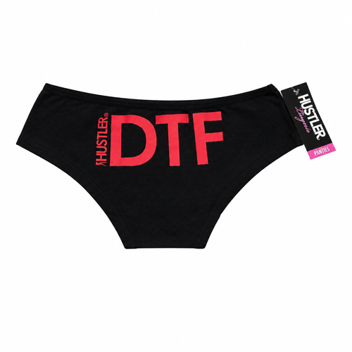 Chiloți damă sexy Hustler DTF negri, vedere din față, cu imprimeu roșu și eticheta originală, pe fond alb